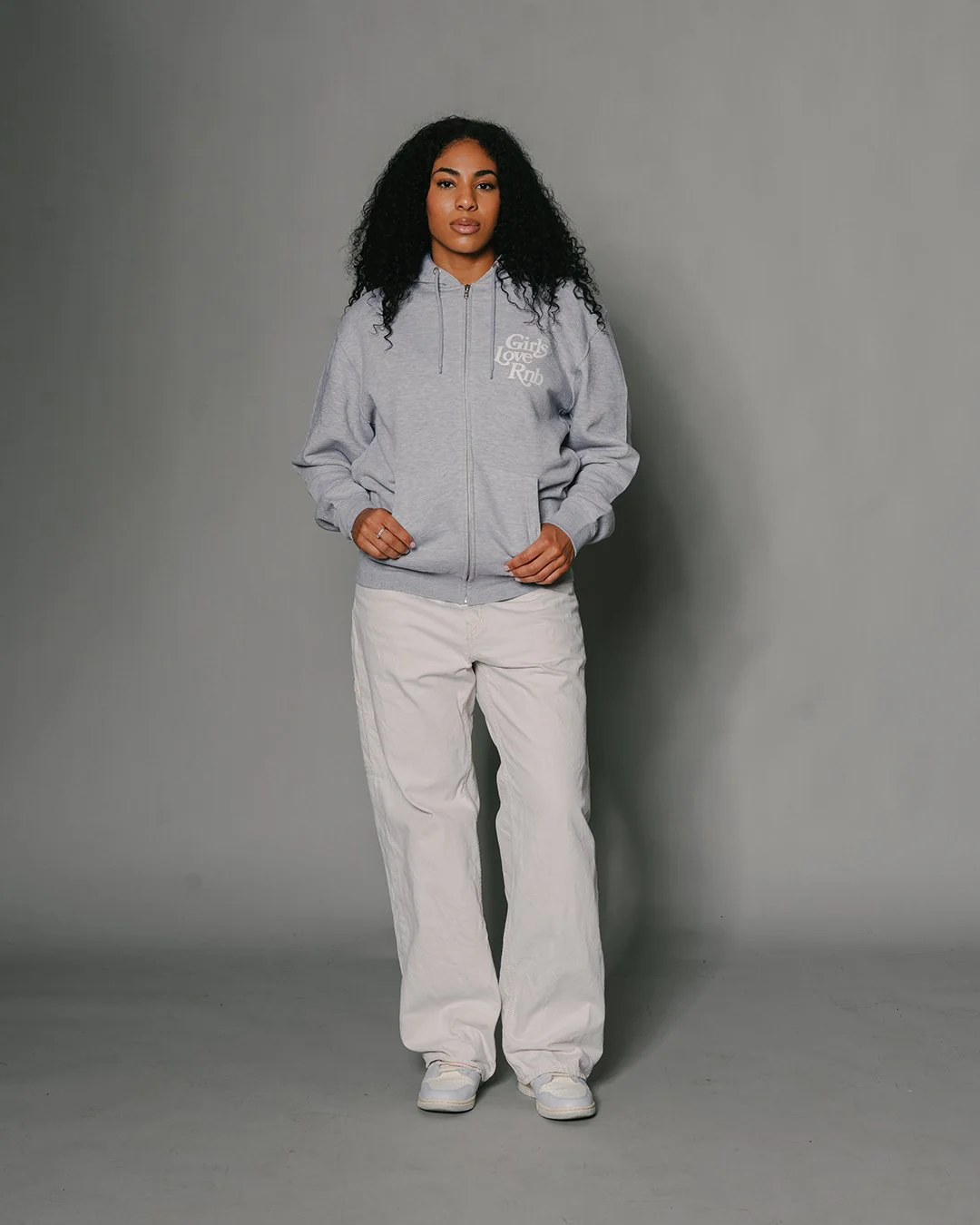 Girls Love Rnb V3 | Heather Grey Full Zip Puff Print Hoodie - Image 3