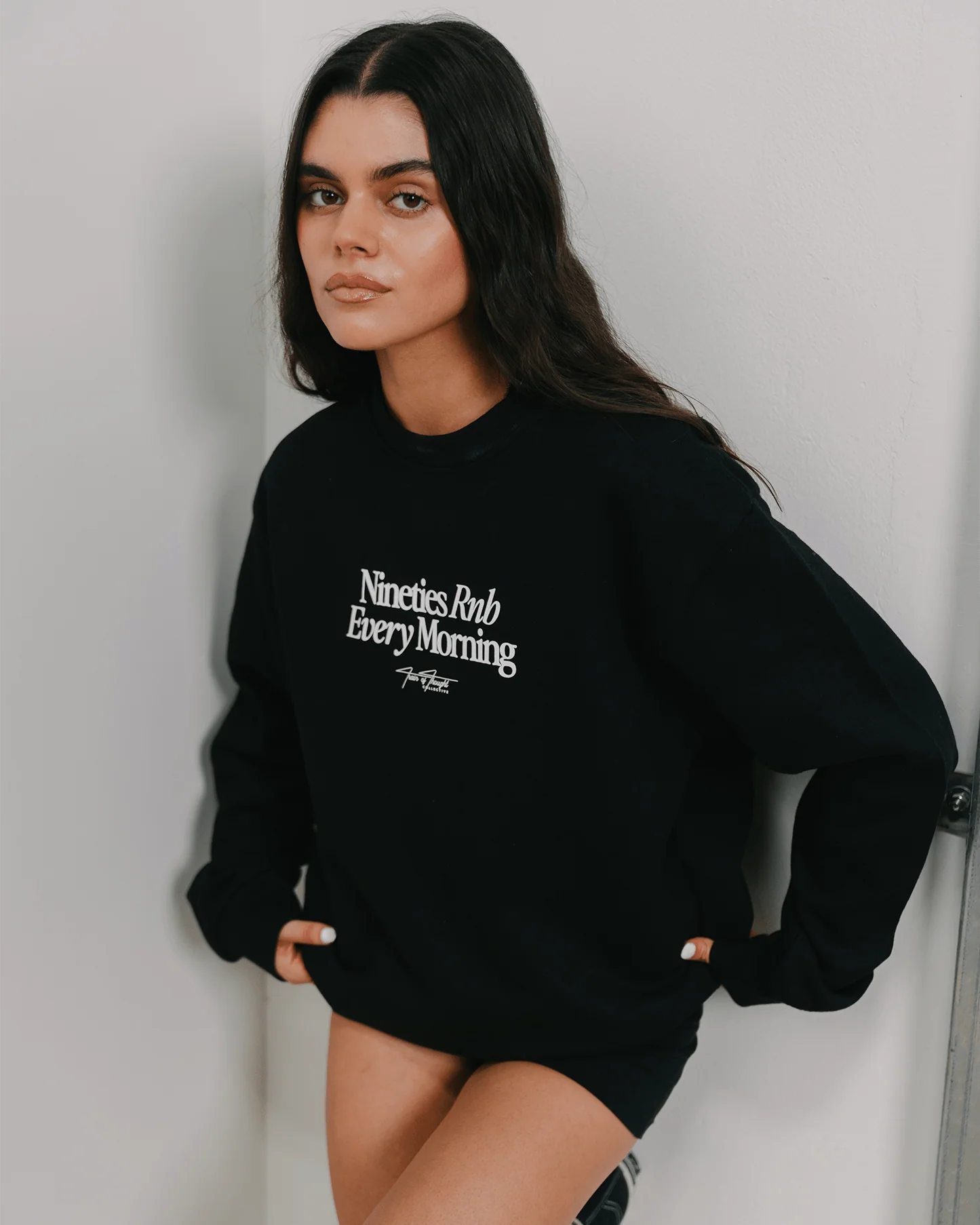Nineties Rnb Every Morning | Black Crewneck Sweatshirt - Image 3