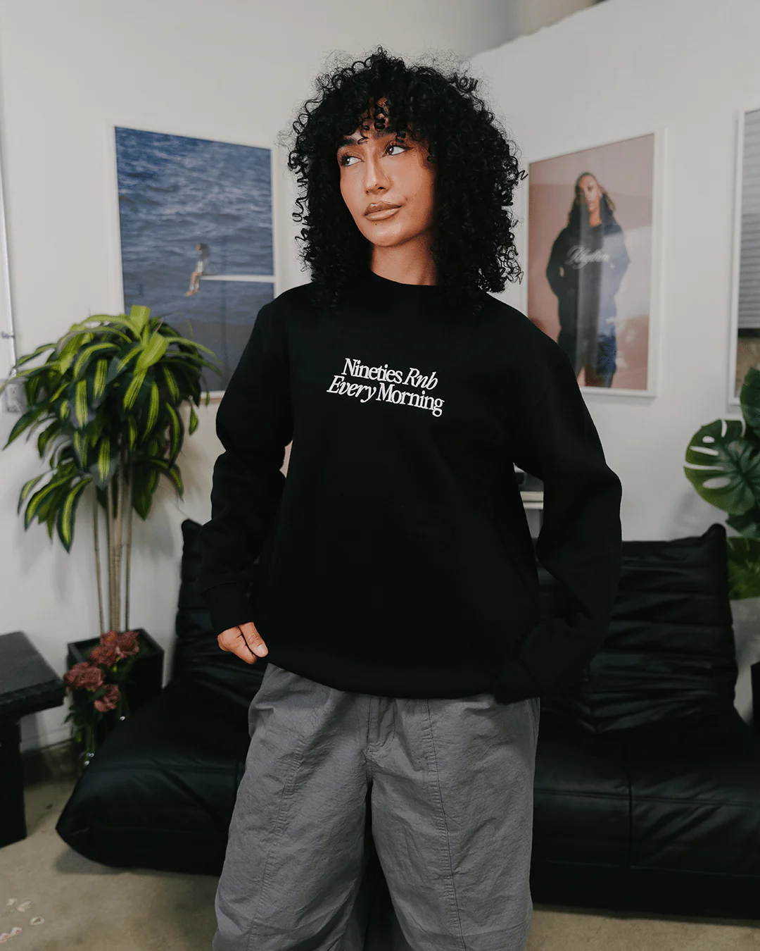 Nineties Rnb Every Morning | Black Crewneck Sweatshirt (Embroidered) - Image 5
