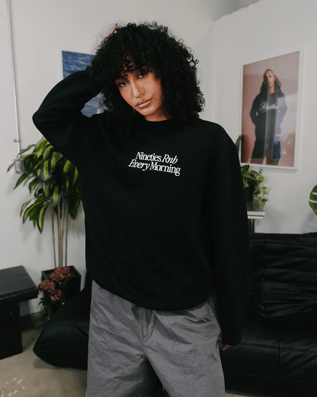 Nineties Rnb Every Morning | Black Crewneck Sweatshirt (Embroidered) - Image 6