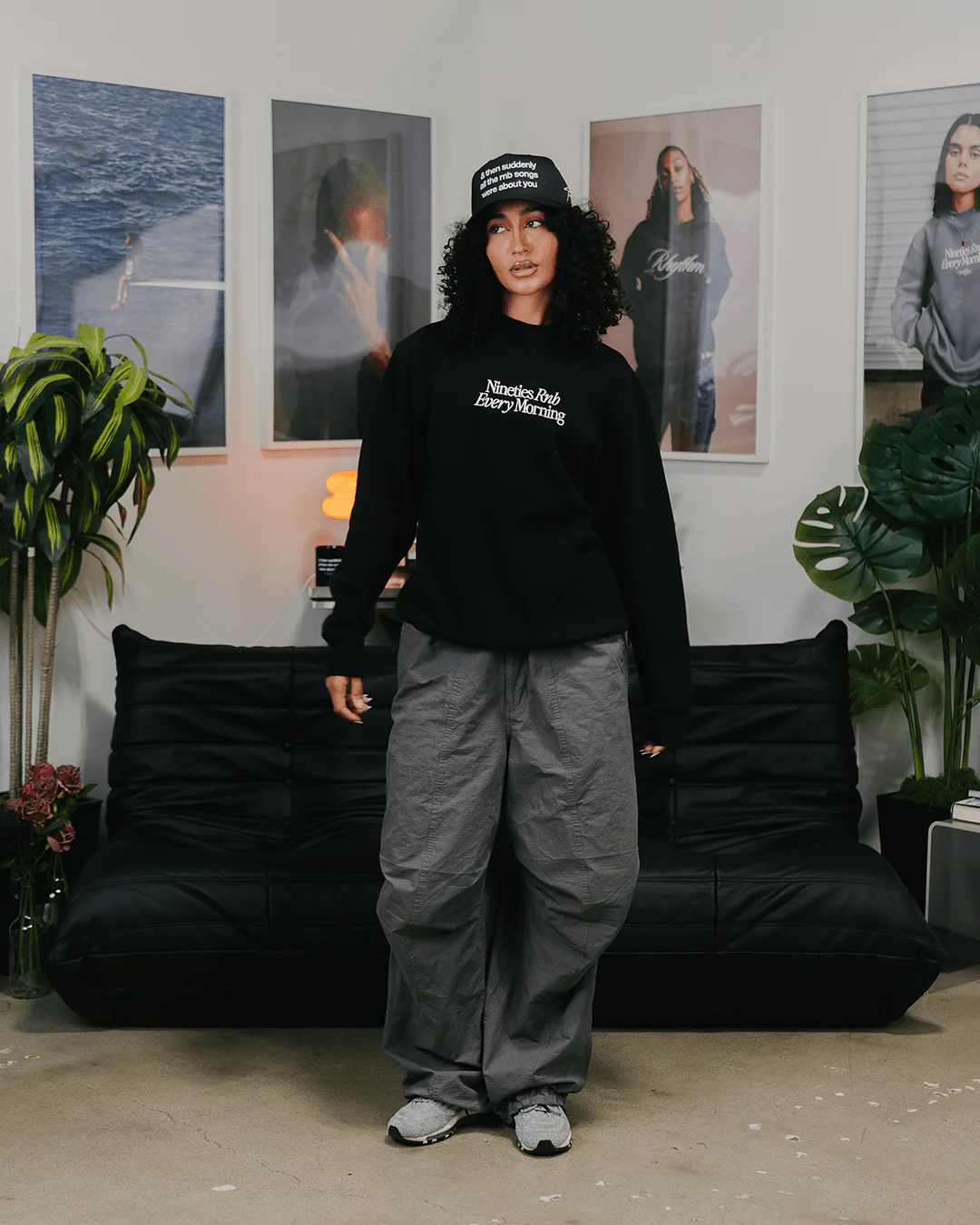 Nineties Rnb Every Morning | Black Crewneck Sweatshirt (Embroidered) - Image 7