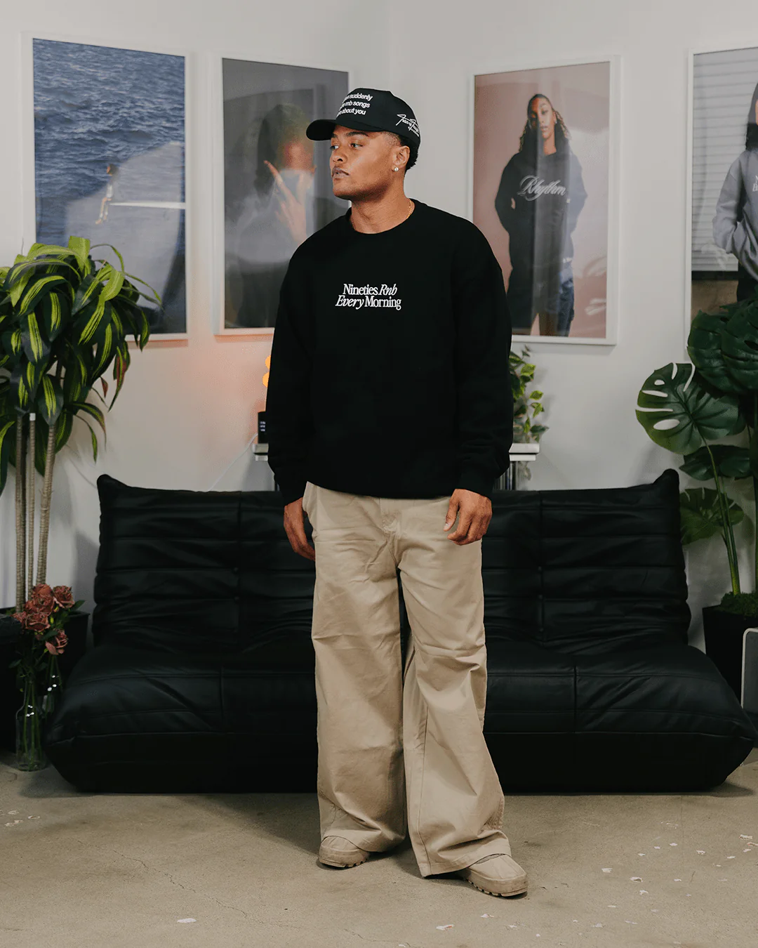 Nineties Rnb Every Morning | Black Crewneck Sweatshirt (Embroidered) - Image 9
